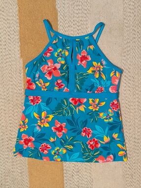 Lands End Teal Aqua Blue Tropical Floral Tankini Swimsuit Swim Tank 14 14L Long